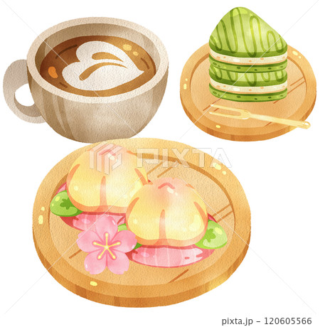 Peach Nerikiri, Matcha shiffon,hot latte coffee, japanese dessert, watercolor digital hand drawn 120605566