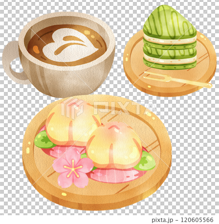 Peach Nerikiri, Matcha shiffon,hot latte coffee, japanese dessert, watercolor digital hand drawn 120605566