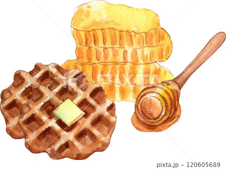 Illustration of butter and honey waffles, hand-drawn in watercolor. Illustration of butter and honey waffles, hand-drawn in watercolor. 120605689