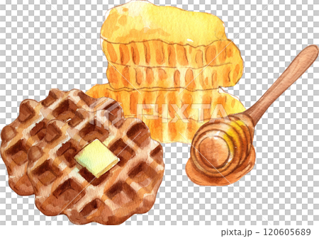 Illustration of butter and honey waffles, hand-drawn in watercolor. Illustration of butter and honey waffles, hand-drawn in watercolor. 120605689
