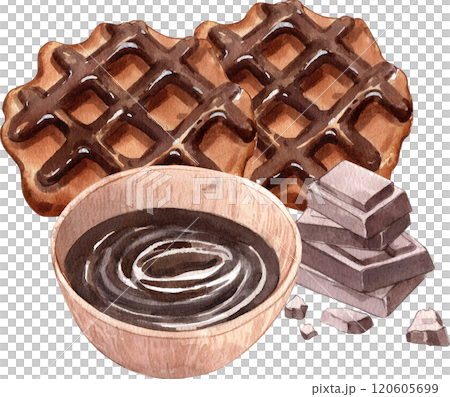 Hand-drawn watercolor illustration of chocolate-topped waffles. Hand-drawn watercolor illustration of chocolate-topped waffles. 120605699