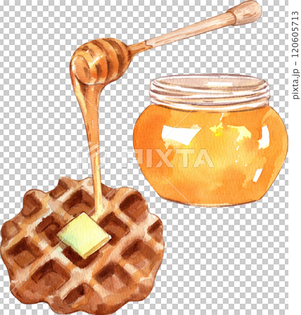 Hand-drawn watercolor illustration of butter and honey waffles. Hand-drawn watercolor illustration of butter and honey waffles. 120605713
