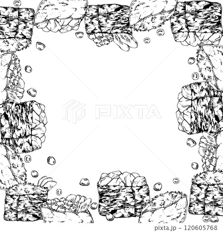 Traditional Japanese food, gunkan inari sushi with raw fish salmon tuna crab, caviar cucumber ginger hand drawn in vector pen, ink. Square border frame for restaurant, cafe menu, kitchen, recipe book 120605768