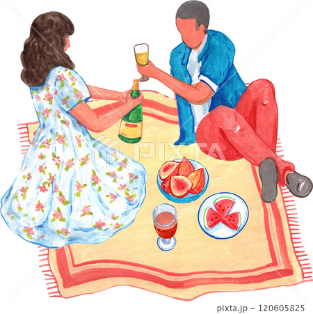 Man and woman happily sitting and drinking wine at a picnic, watercolor painting hand-drawn illustration Man and woman happily sitting and drinking wine at a picnic, watercolor painting hand-drawn illustration 120605825