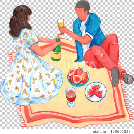 Man and woman happily sitting and drinking wine at a picnic, watercolor painting hand-drawn illustration Man and woman happily sitting and drinking wine at a picnic, watercolor painting hand-drawn illustration 120605825