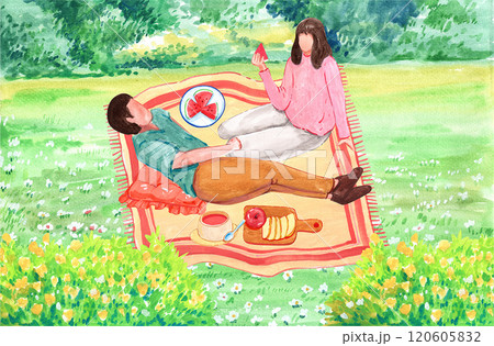 Man and woman happily sitting and eating fruit at a picnic in the park, watercolor painting hand-drawn illustration 120605832