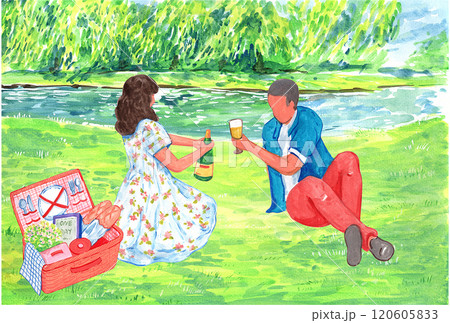 Man and woman happily sitting and drinking wine at a picnic, watercolor painting hand-drawn illustration 120605833