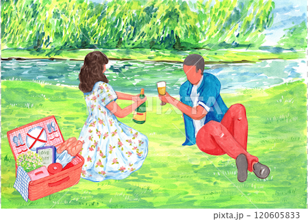 Man and woman happily sitting and drinking wine at a picnic, watercolor painting hand-drawn illustration 120605833