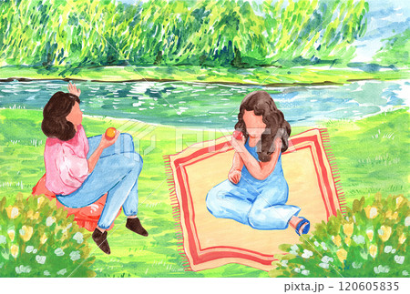 Two girls sitting and happily eating fruit at a picnic in the park., watercolor painting hand-drawn illustration 120605835