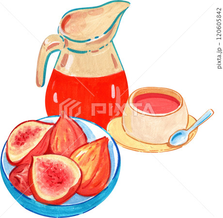 Fruits and drinks for a picnic, watercolor painting hand-drawn illustration Fruits and drinks for a picnic, watercolor painting hand-drawn illustration 120605842