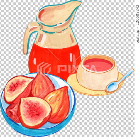 Fruits and drinks for a picnic, watercolor painting hand-drawn illustration Fruits and drinks for a picnic, watercolor painting hand-drawn illustration 120605842