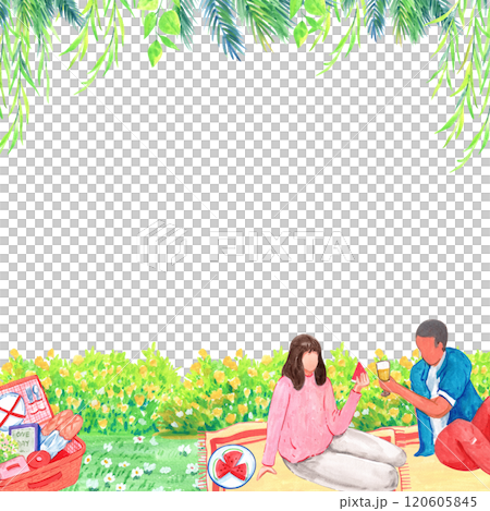 Sitting at a picnic, happily eating and drinking with friends, square frame,  watercolor painting hand-drawn illustration 120605845