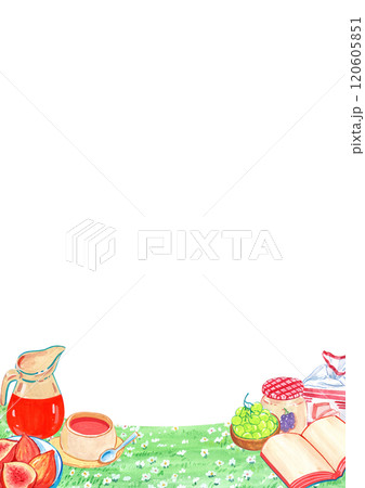 Food and drinks for a picnic, vertical frame, watercolor painting hand-drawn illustration Food and drinks for a picnic, vertical frame, watercolor painting hand-drawn illustration 120605851