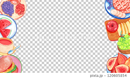 Horizontal frame of food for a picnic, watercolor painting hand-drawn illustration 120605854