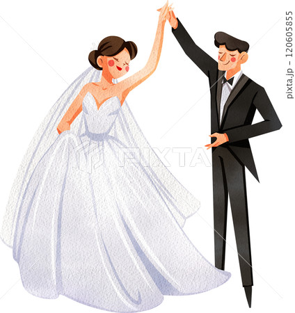 Bride in White Dress, Groom in Black Suit Happily Dancing Together, Hand Drawn Illustration Watercolor 120605855