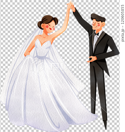 Bride in White Dress, Groom in Black Suit Happily Dancing Together, Hand Drawn Illustration Watercolor 120605855
