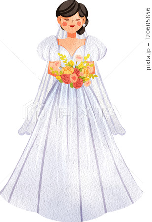 Happy Bride in White Dress Holding Bouquet, Hand Drawn Illustration Watercolor 120605856