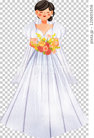 Happy Bride in White Dress Holding Bouquet, Hand Drawn Illustration Watercolor 120605856