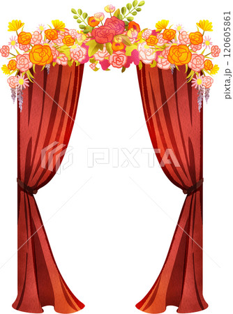 Red long curtain, Arch with Flower Fecoration for Wedding, Hand Drawn Illustration Watercolor 120605861
