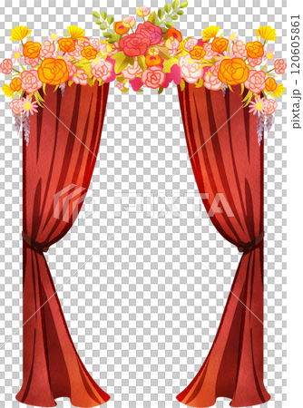 Red long curtain, Arch with Flower Fecoration for Wedding, Hand Drawn Illustration Watercolor 120605861
