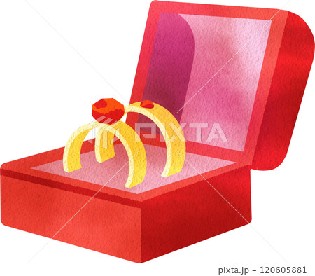 Open Red Square Ring Box with Two Wedding Rings Inside, Hand Drawn Illustration Watercolor 120605881
