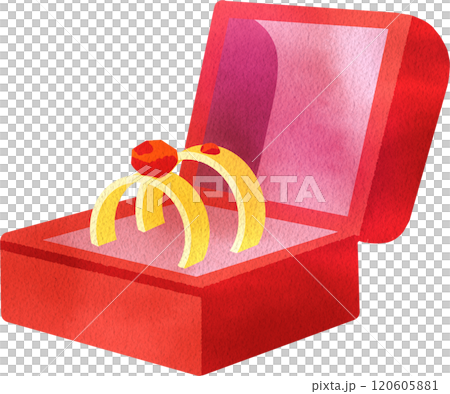 Open Red Square Ring Box with Two Wedding Rings Inside, Hand Drawn Illustration Watercolor 120605881