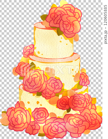 Three-Tier Wedding  Cake Decorated Roses, Hand Drawn Illustration Watercolor 120605885
