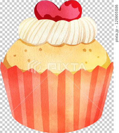 Cupcake Decorated with Cream Frosting and Red Heart Toppers, Hand Drawn Illustration Watercolor 120605886