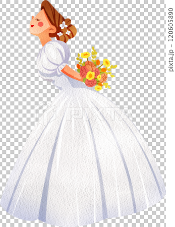 Bride in White Dress Leaning forward with Bouquet, Hand Drawn Illustration Watercolor Bride in White Dress Leaning forward with Bouquet, Hand Drawn Illustration Watercolor 120605890