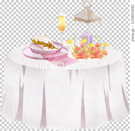 Wedding banquet table set with plates, champagne and lanterns, Hand Drawn Illustration Watercolor 120605892
