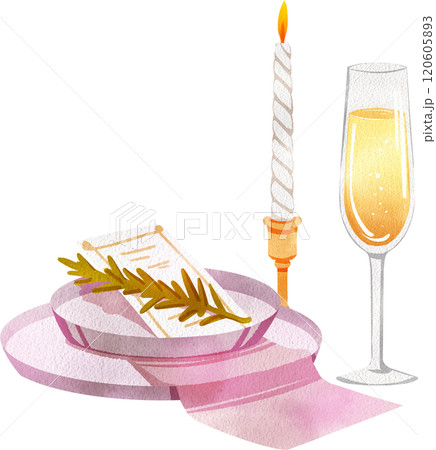 Dinner plate set with my glass and candle holder, Hand Drawn Illustration Watercolor Dinner plate set with my glass and candle holder, Hand Drawn Illustration Watercolor 120605893