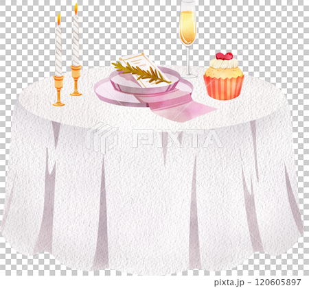 Wedding banquet table set with plates, champagne, candle and cupcake, Hand Drawn Illustration Watercolor 120605897