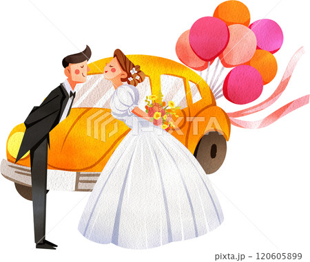 The Bride and Groom Kiss in Front of The Wedding Car, Hand Drawn Illustration Watercolor The Bride and Groom Kiss in Front of The Wedding Car, Hand Drawn Illustration Watercolor 120605899