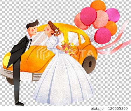 The Bride and Groom Kiss in Front of The Wedding Car, Hand Drawn Illustration Watercolor The Bride and Groom Kiss in Front of The Wedding Car, Hand Drawn Illustration Watercolor 120605899