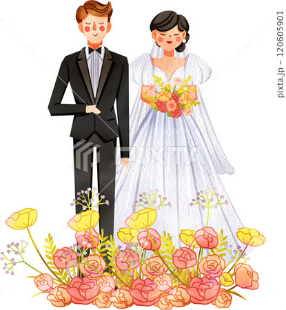 The Bride and Groom Stand Facing Forward with Flowers Bouquet, Hand Drawn Illustration Watercolor 120605901