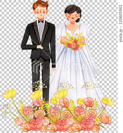 The Bride and Groom Stand Facing Forward with Flowers Bouquet, Hand Drawn Illustration Watercolor 120605901