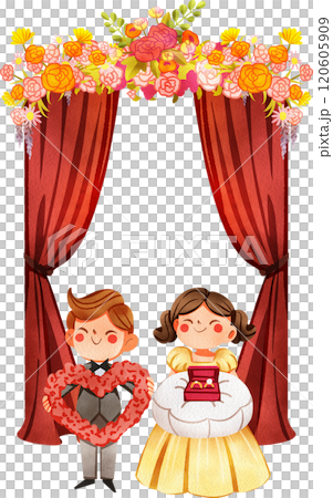 Boy and girl holding ring box and flowers at wedding,  Hand Drawn Illustration Watercolor 120605909