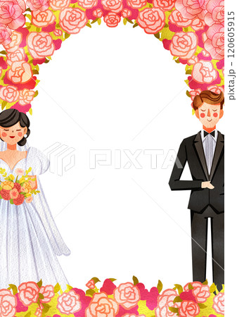 Frame Kiss on Wedding Day and Flowers curtain decor, Hand Drawn Illustration Watercolor 120605915