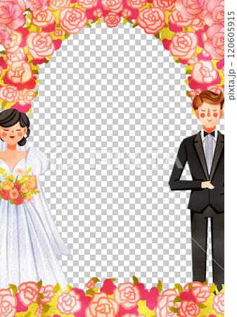 Frame Kiss on Wedding Day and Flowers curtain decor, Hand Drawn Illustration Watercolor 120605915