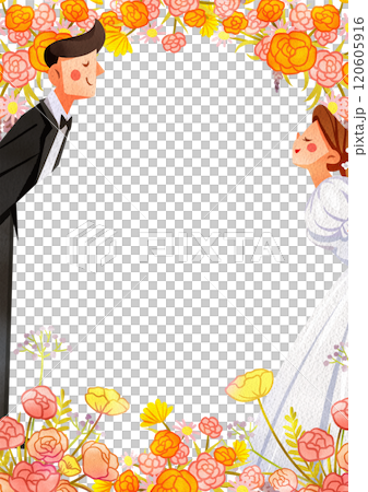 Frame Kiss on Wedding Day and Flowers curtain decor, Hand Drawn Illustration Watercolor 120605916