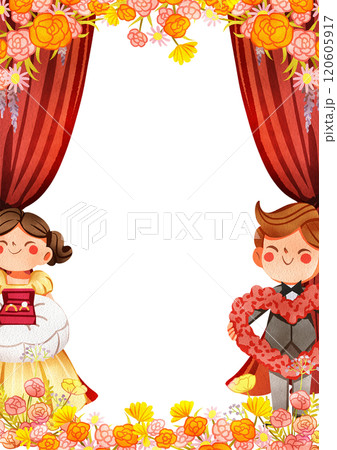 Frame Kiss on Wedding Day and Flowers curtain decor, Hand Drawn Illustration Watercolor Frame Kiss on Wedding Day and Flowers curtain decor, Hand Drawn Illustration Watercolor 120605917