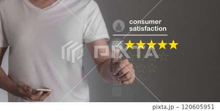 Young Man with smartphone mobile hand touching five star to review and give 5 stars 120605951