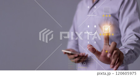 Customer Review, Young Man with smartphone mobile hand touch emoji five star to review 120605975