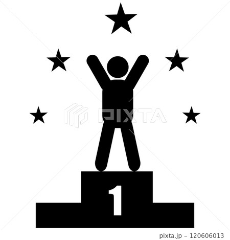 Man on pedestal podium with hands raised icon. Successful businessman a man champion standing on podium sign. Star achiever silhouette icon symbol. flat style.  120606013