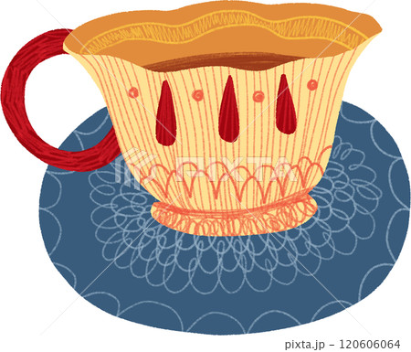 Yellow and Red English Tea Cup on Blue Saucer, hand-drawn digital painting illustration Yellow and Red English Tea Cup on Blue Saucer, hand-drawn digital painting illustration 120606064