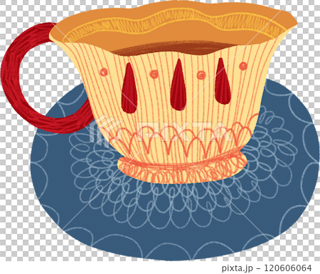 Yellow and Red English Tea Cup on Blue Saucer, hand-drawn digital painting illustration Yellow and Red English Tea Cup on Blue Saucer, hand-drawn digital painting illustration 120606064