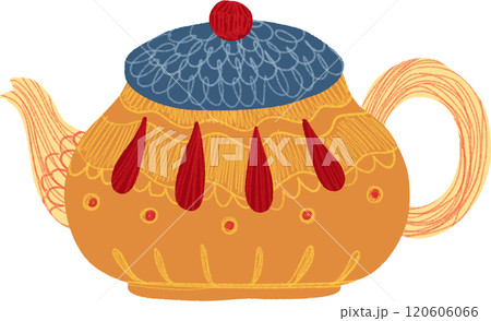 Cute Yellow Teapot with Charming Patterns, hand-drawn digital painting illustration 120606066