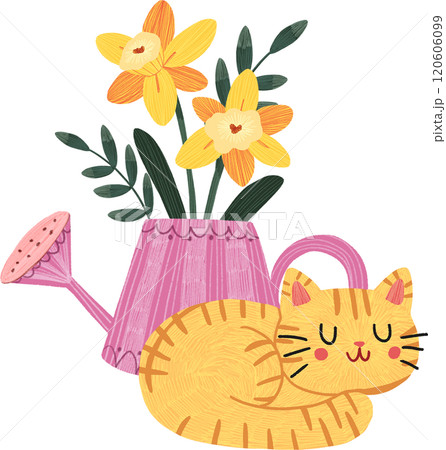 orange cat sleeping near yellow daffodil flowers, hand-drawn digital painting illustration orange cat sleeping near yellow daffodil flowers, hand-drawn digital painting illustration 120606099