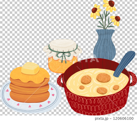 delicious soup served with pancakes and flowers, hand-drawn digital painting illustration 120606100