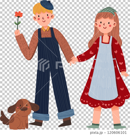 smiling couple holding hands with brown dog, hand-drawn digital painting illustration smiling couple holding hands with brown dog, hand-drawn digital painting illustration 120606101